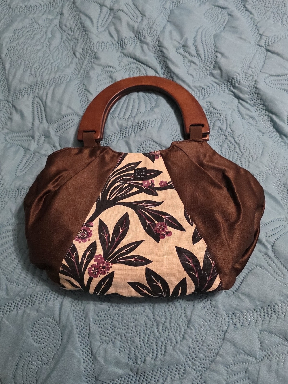 Lisa LILLBrown Floral Accent Satin Handbag with Wooden Handles Versitile Handbag